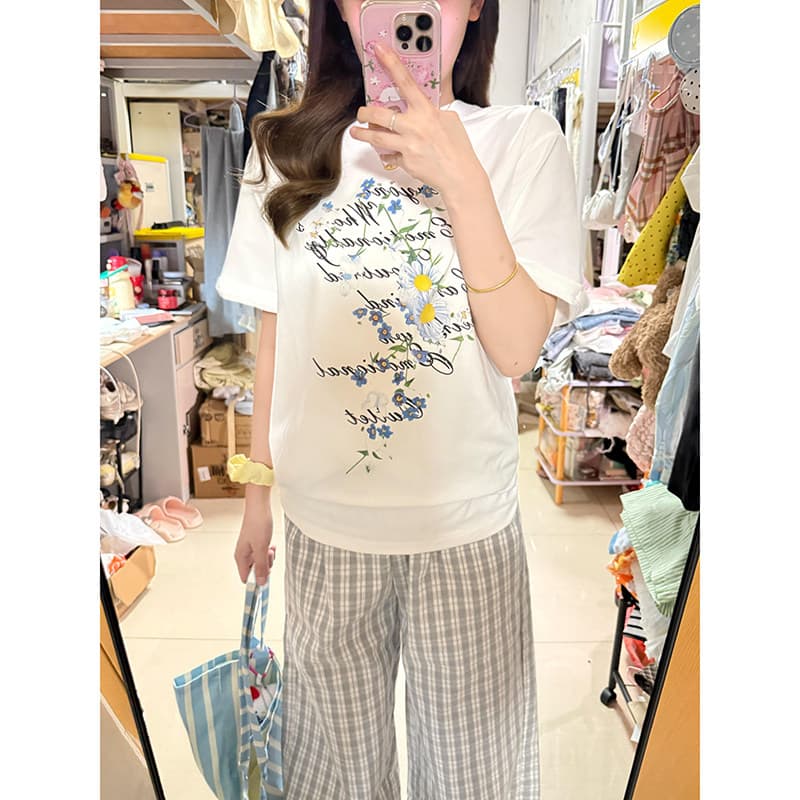 아메리칸 재미있는 꽃 반팔 티셔츠 여성 여름 새로운 캐주얼 다용도 루즈핏 슬림해 보이는 패션 맨위 트렌디 이미지 3