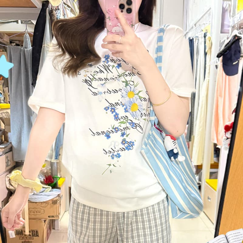 아메리칸 재미있는 꽃 반팔 티셔츠 여성 여름 새로운 캐주얼 다용도 루즈핏 슬림해 보이는 패션 맨위 트렌디
