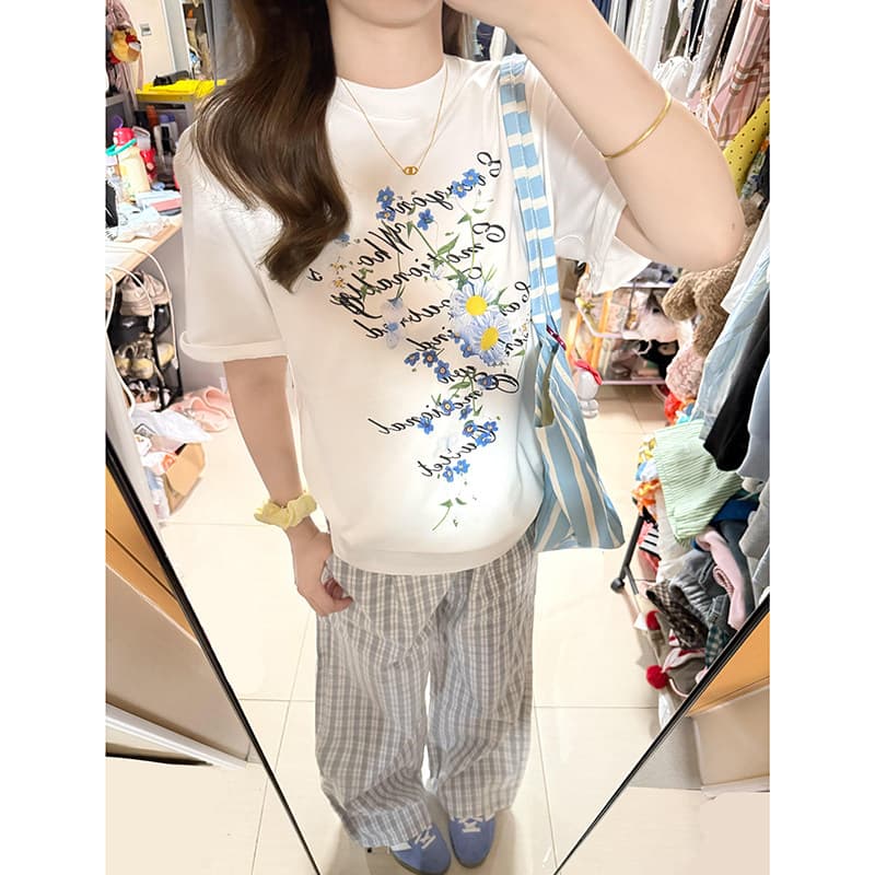 아메리칸 재미있는 꽃 반팔 티셔츠 여성 여름 새로운 캐주얼 다용도 루즈핏 슬림해 보이는 패션 맨위 트렌디 상세 이미지 3
