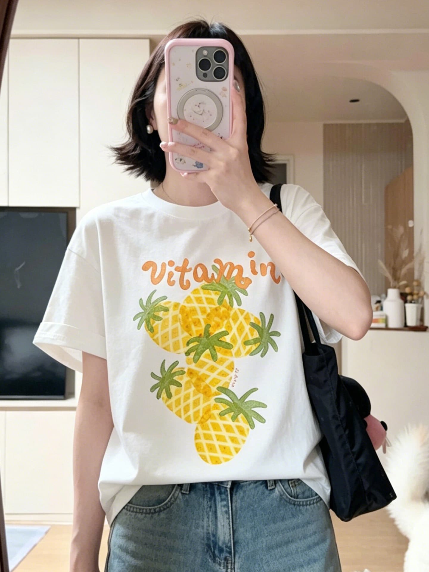 한 부서 귀여운 파인애플 알파벳 프린트 반팔 티셔츠 여성 여름 루즈핏 느긋한 캐주얼 다용도 맨위 이미지 2