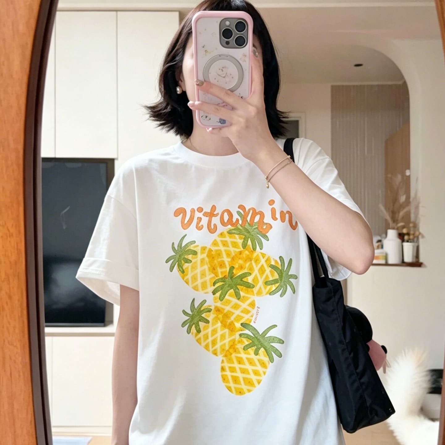 한 부서 귀여운 파인애플 알파벳 프린트 반팔 티셔츠 여성 여름 루즈핏 느긋한 캐주얼 다용도 맨위 상세 이미지 1