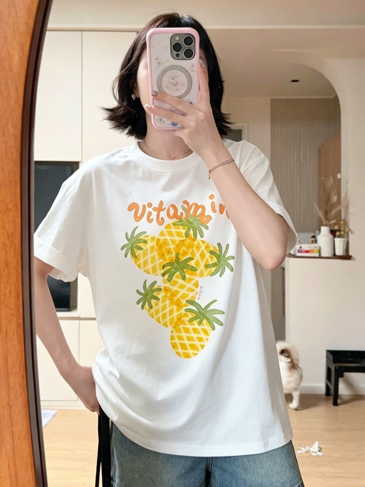 한 부서 귀여운 파인애플 알파벳 프린트 반팔 티셔츠 여성 여름 루즈핏 느긋한 캐주얼 다용도 맨위 상세 이미지 3