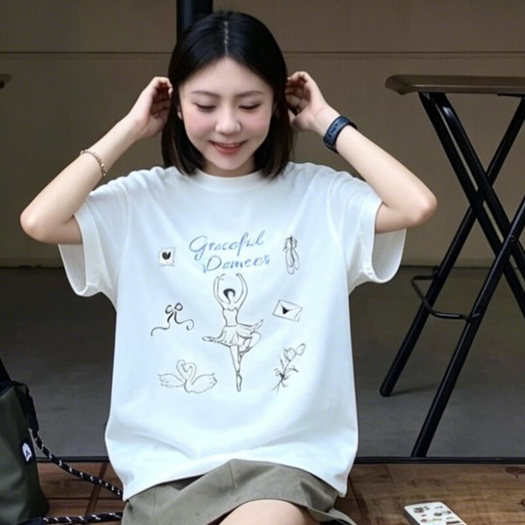 한 부서 발레 댄서 알파벳 프린트 반팔 티셔츠 여성 여름 디자인 센스 루즈핏 캐주얼 다용도 맨위