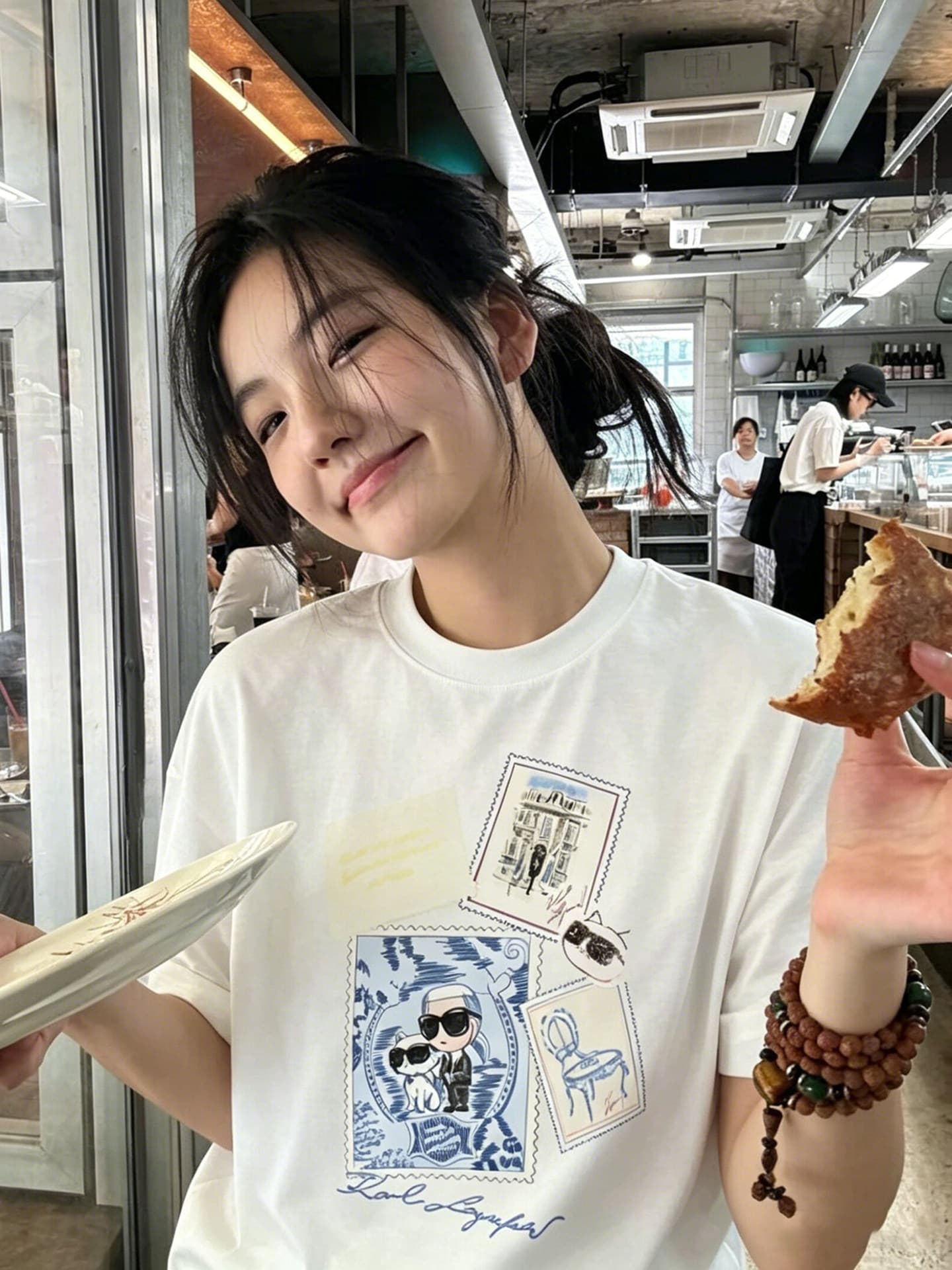한 부서 만화 스탬프 프린트 반팔 티셔츠 여성 여름 작은 대중 루즈핏 느긋한 학생 다용도 맨위 상세 이미지 3