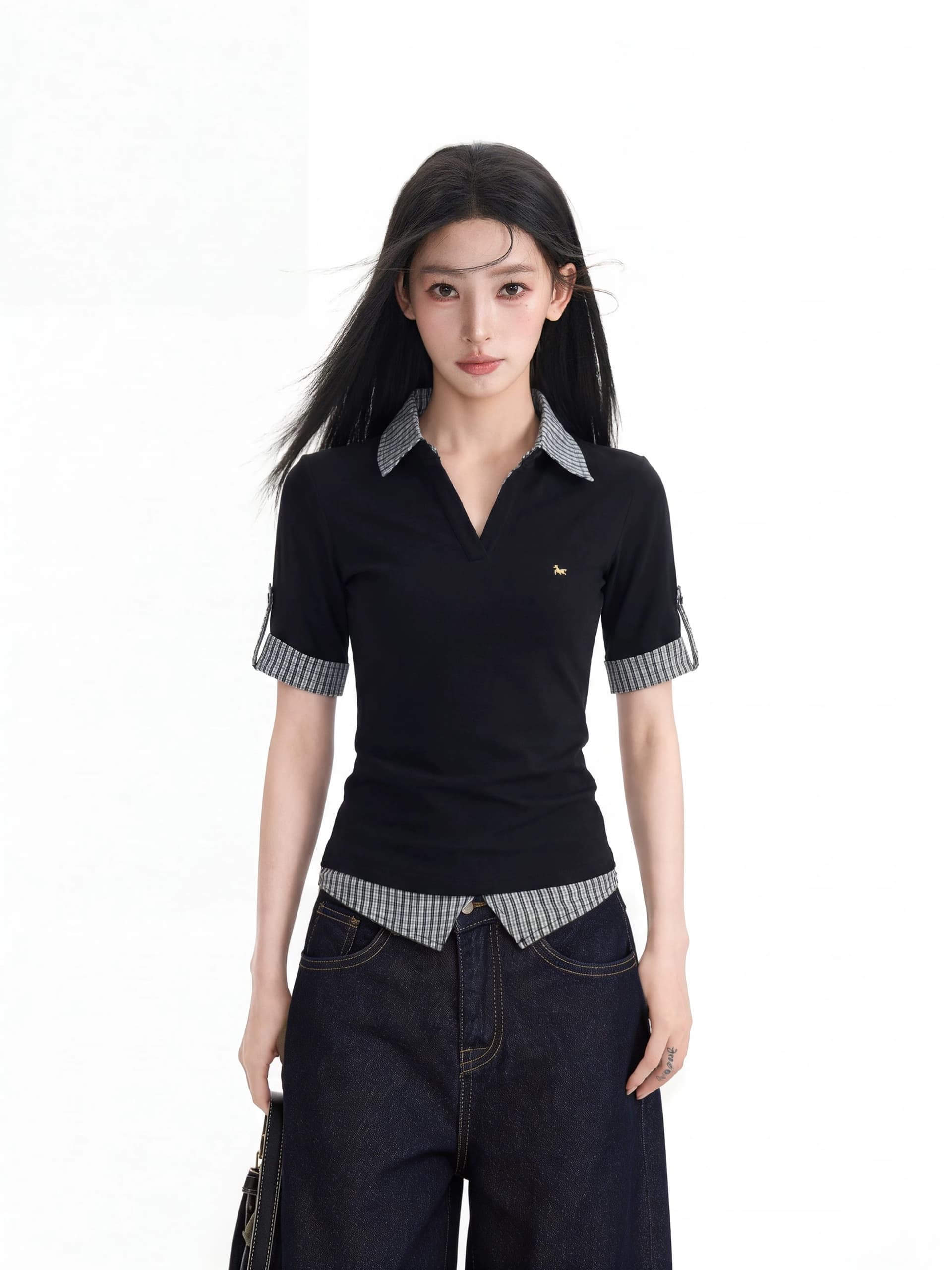 검정색 페이크 레이어드 POLO 셔츠 체크무늬 긍정적 인 어깨 반팔 티셔츠 여성 여름 몸매 가꾸기 타이트 V넥 반소매 중간 소매 맨위 상세 이미지 1