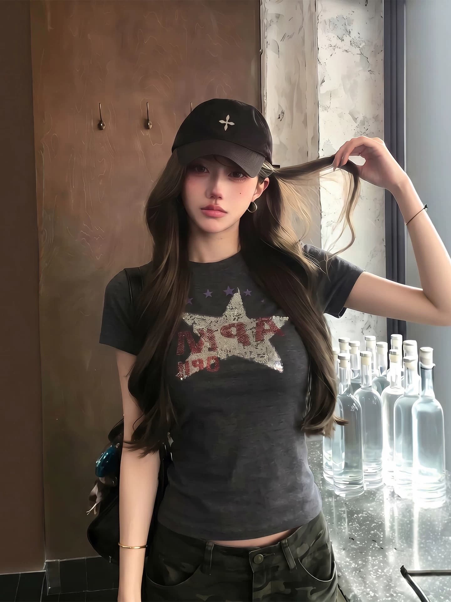 아메리칸 레트로 긍정적 인 어깨 반팔 티셔츠 여성 여름 2026 새로운 고급 센스 몸매 가꾸기 슬림해 보이는 핫걸 쇼트 스타일 맨위 이미지 4