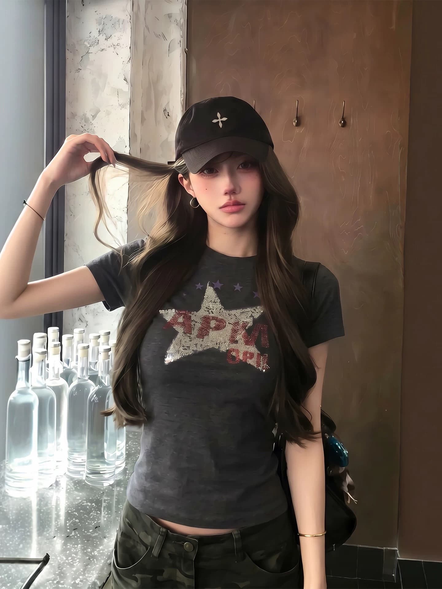 아메리칸 레트로 긍정적 인 어깨 반팔 티셔츠 여성 여름 2026 새로운 고급 센스 몸매 가꾸기 슬림해 보이는 핫걸 쇼트 스타일 맨위 상세 이미지 1