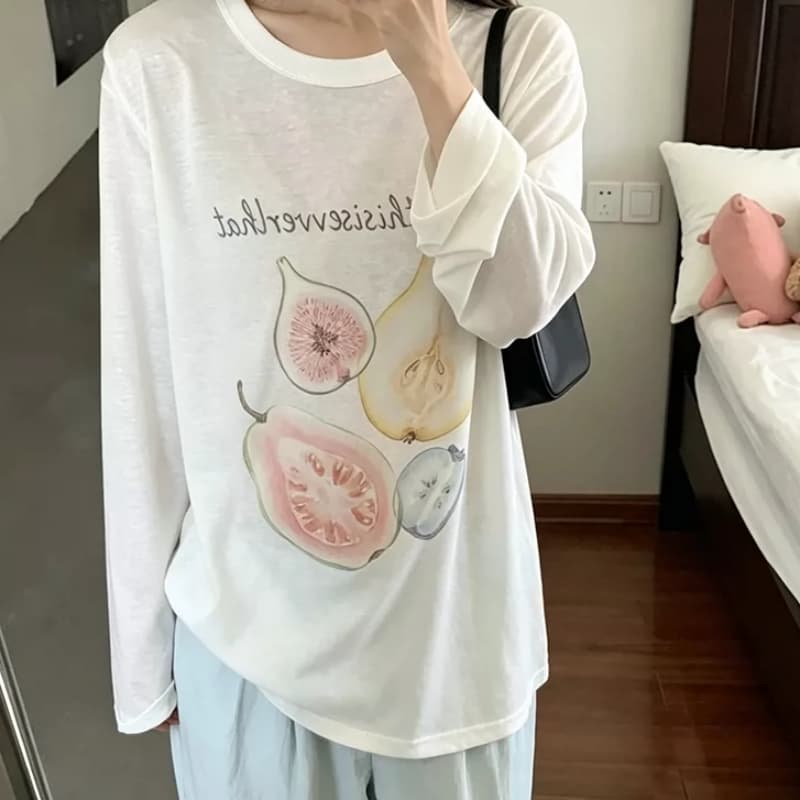 한 부서 과일 프린트 긴팔 티셔츠 여성 2026 여름 루즈핏 통기성 슬림해 보이는 자외선 차단 블라우스 기본 셔츠 맨위