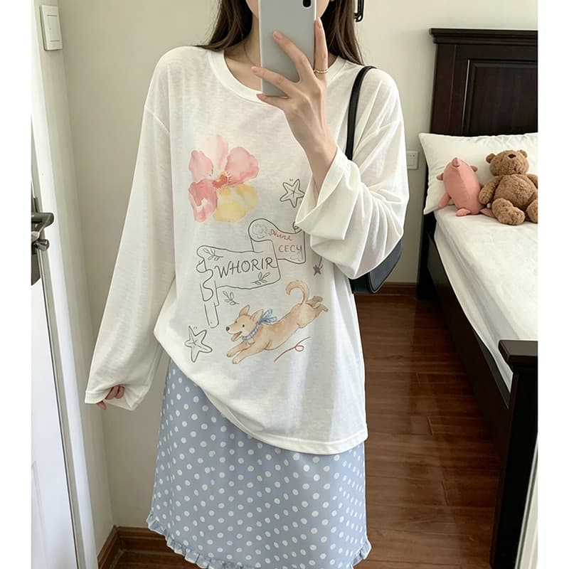한 부서 느긋한 부드러운 강아지 프린트 블라우스 꽃 자외선 차단 긴팔 얇은 스타일 블라우스 면 티셔츠 여성 이미지 5
