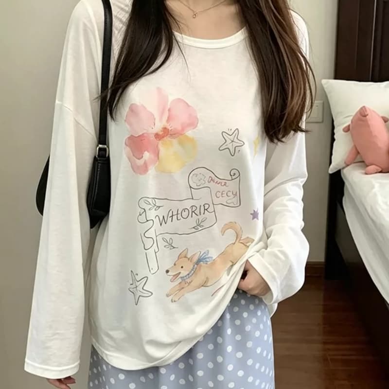 한 부서 느긋한 부드러운 강아지 프린트 블라우스 꽃 자외선 차단 긴팔 얇은 스타일 블라우스 면 티셔츠 여성 상세 이미지 1
