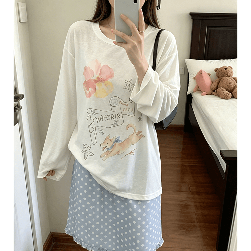 한 부서 느긋한 부드러운 강아지 프린트 블라우스 꽃 자외선 차단 긴팔 얇은 스타일 블라우스 면 티셔츠 여성 상세 이미지 4
