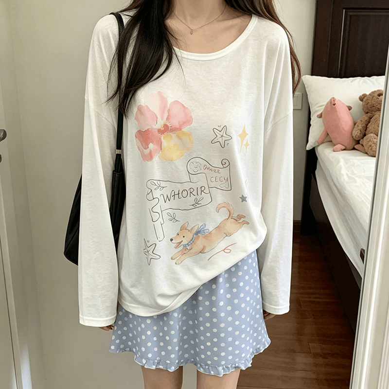 한 부서 느긋한 부드러운 강아지 프린트 블라우스 꽃 자외선 차단 긴팔 얇은 스타일 블라우스 면 티셔츠 여성 상세 이미지 5