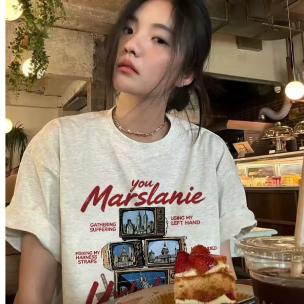 순면 아메리칸 레트로 조수 브랜드 긍정적 인 어깨 반팔 티셔츠 여성 여름 2026 새로운 높음 거리 느긋한 반소매 맨위 상세 이미지 1