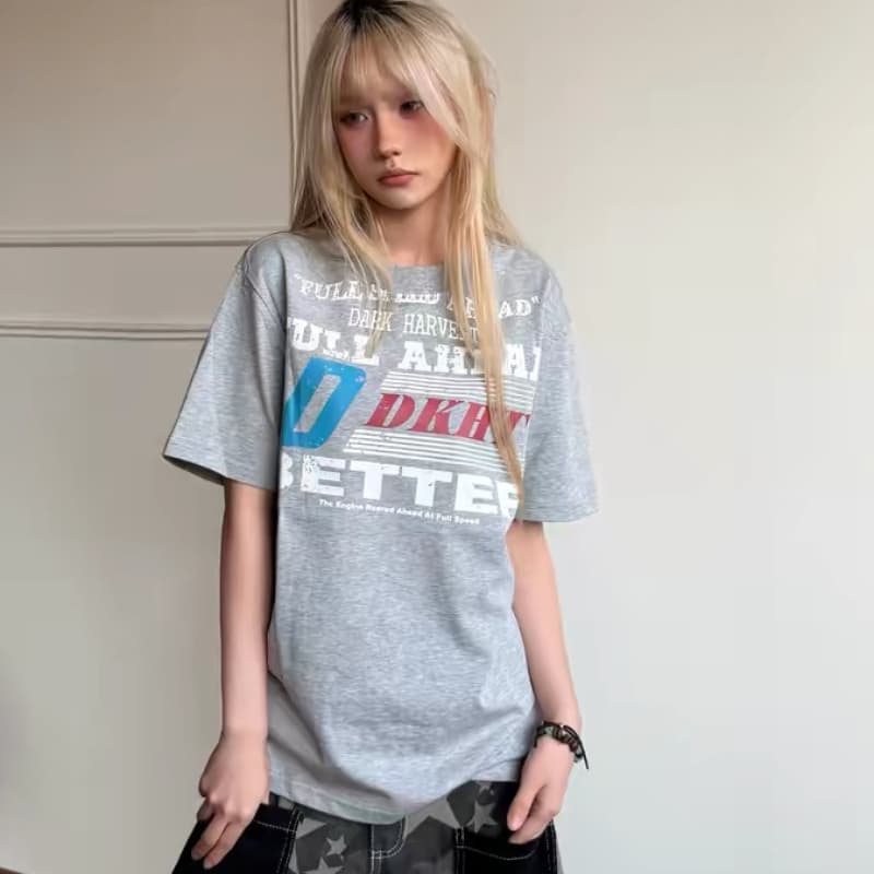 아메리칸 레트로 boxy 긍정적 인 어깨 핏 스타일 알파벳 프린트 반팔 남녀 여름 커플 반소매 티셔츠 상세 이미지 1
