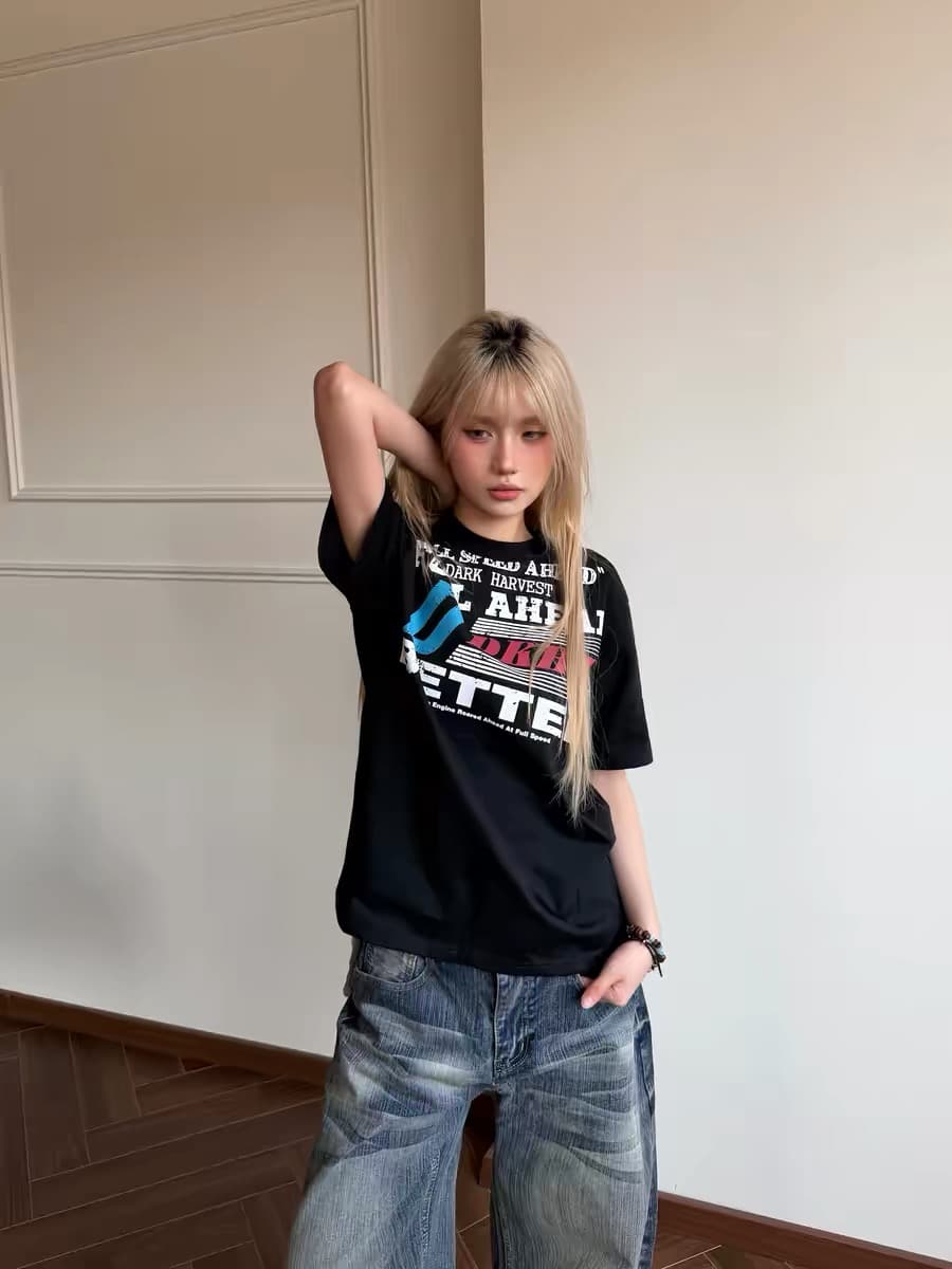 아메리칸 레트로 boxy 긍정적 인 어깨 핏 스타일 알파벳 프린트 반팔 남녀 여름 커플 반소매 티셔츠 상세 이미지 2