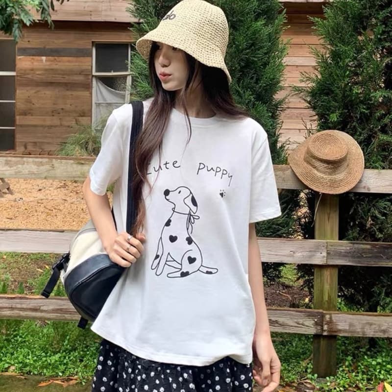 재미있는 강아지 화이트 프린트 반팔 티셔츠 여성 여름 새로운 캐주얼 다용도 루즈핏 라운드 넥 맨위 상세 이미지 1