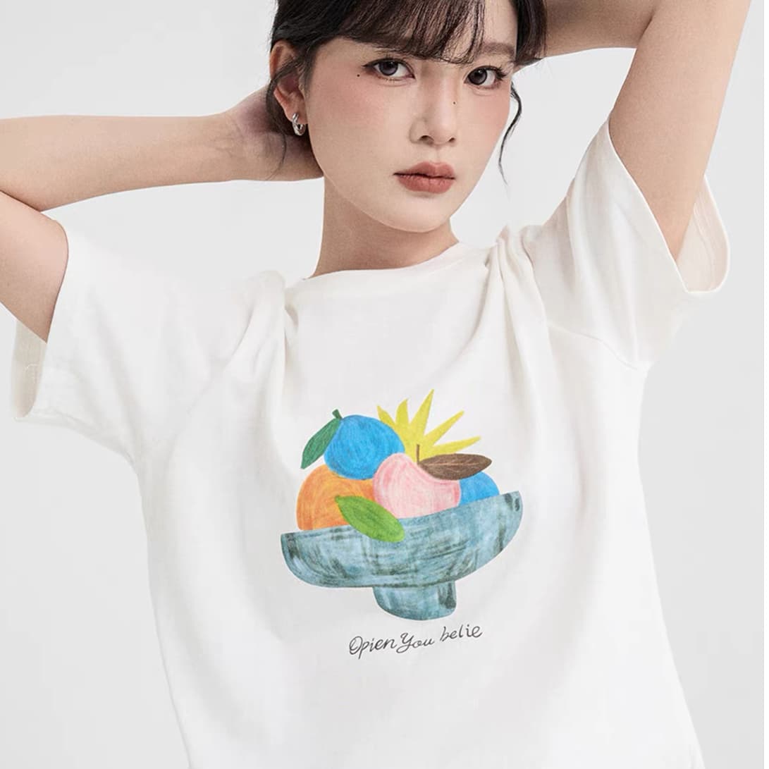 프린트 루즈핏 반팔 티셔츠 여성 2026 새로운 여름 작은 대중 연령 감소 라운드 넥 캐주얼 다용도 맨위