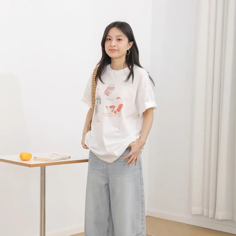 2026 여름 신제품 레트로 만화 프린트 강아지 t 다용도 라운드 넥 루즈핏 순면 티셔츠 여성 이미지 5