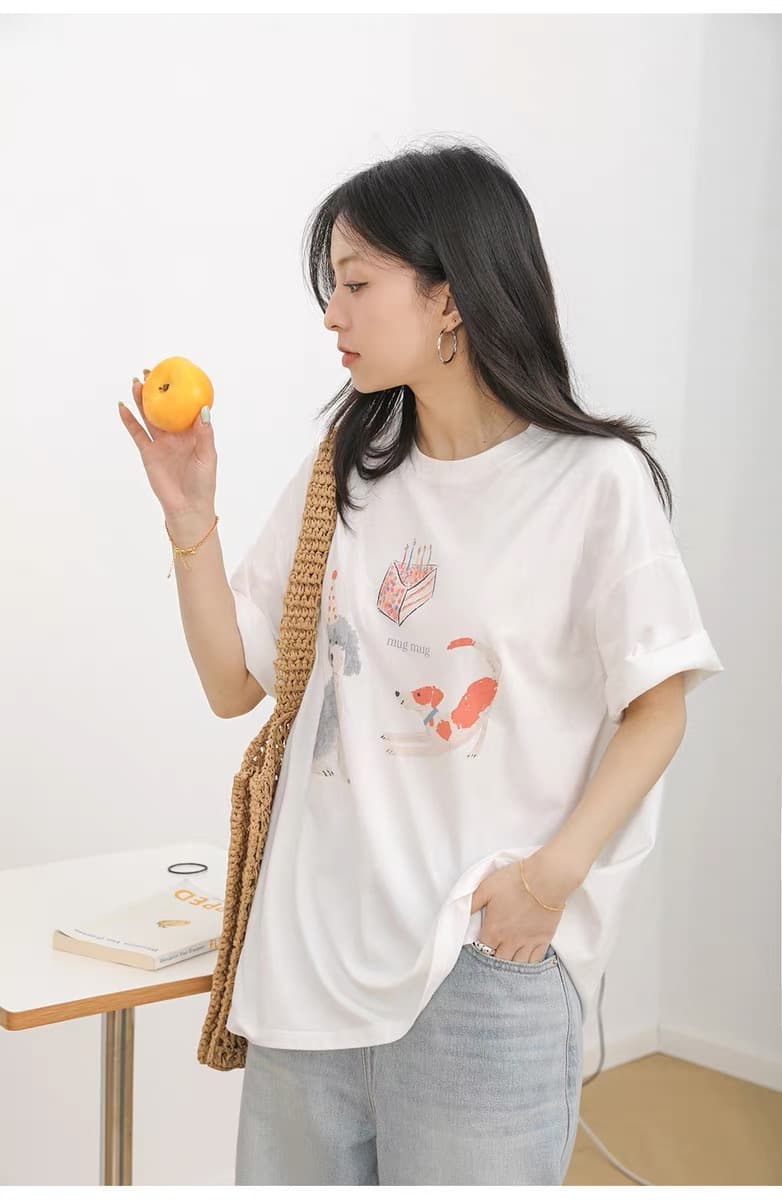 2026 여름 신제품 레트로 만화 프린트 강아지 t 다용도 라운드 넥 루즈핏 순면 티셔츠 여성 상세 이미지 4