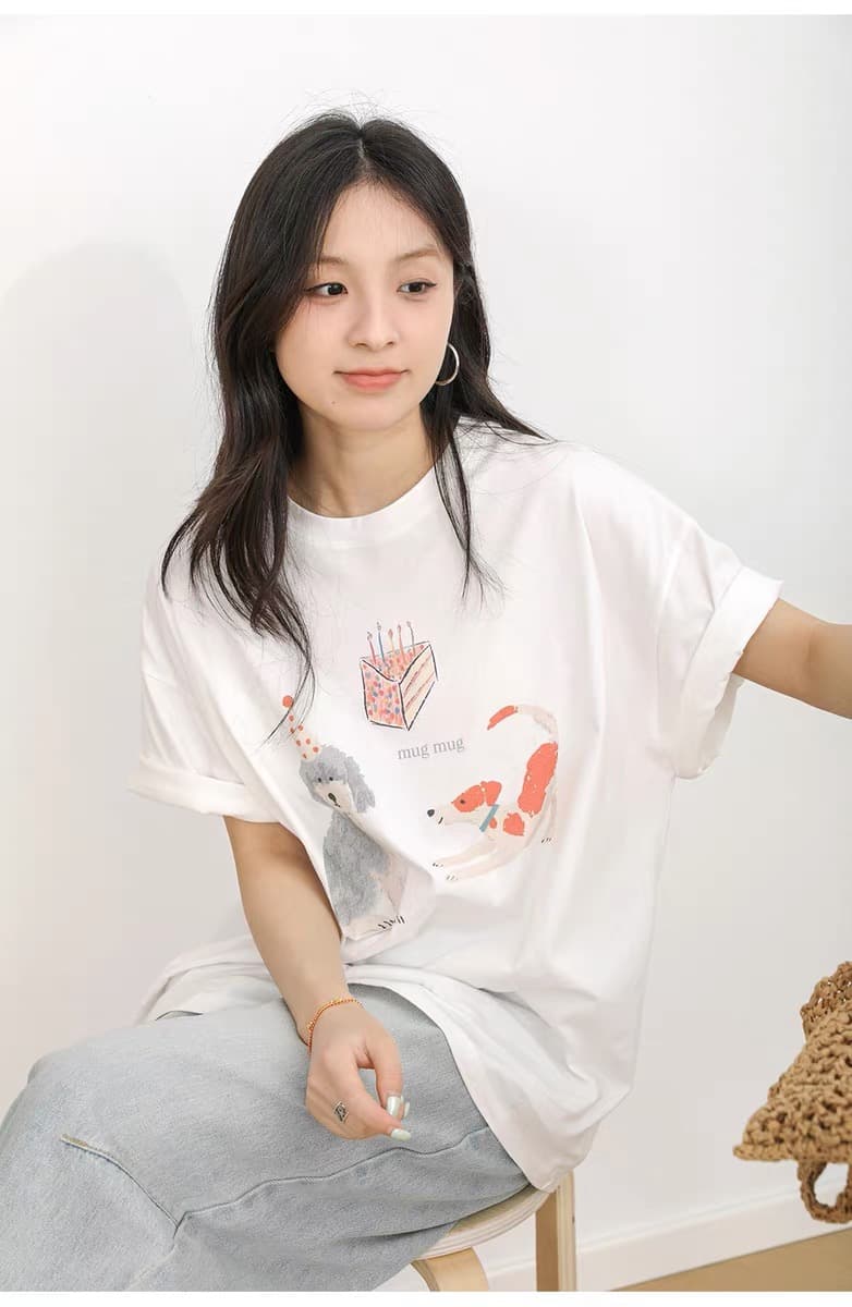 2026 여름 신제품 레트로 만화 프린트 강아지 t 다용도 라운드 넥 루즈핏 순면 티셔츠 여성 상세 이미지 5