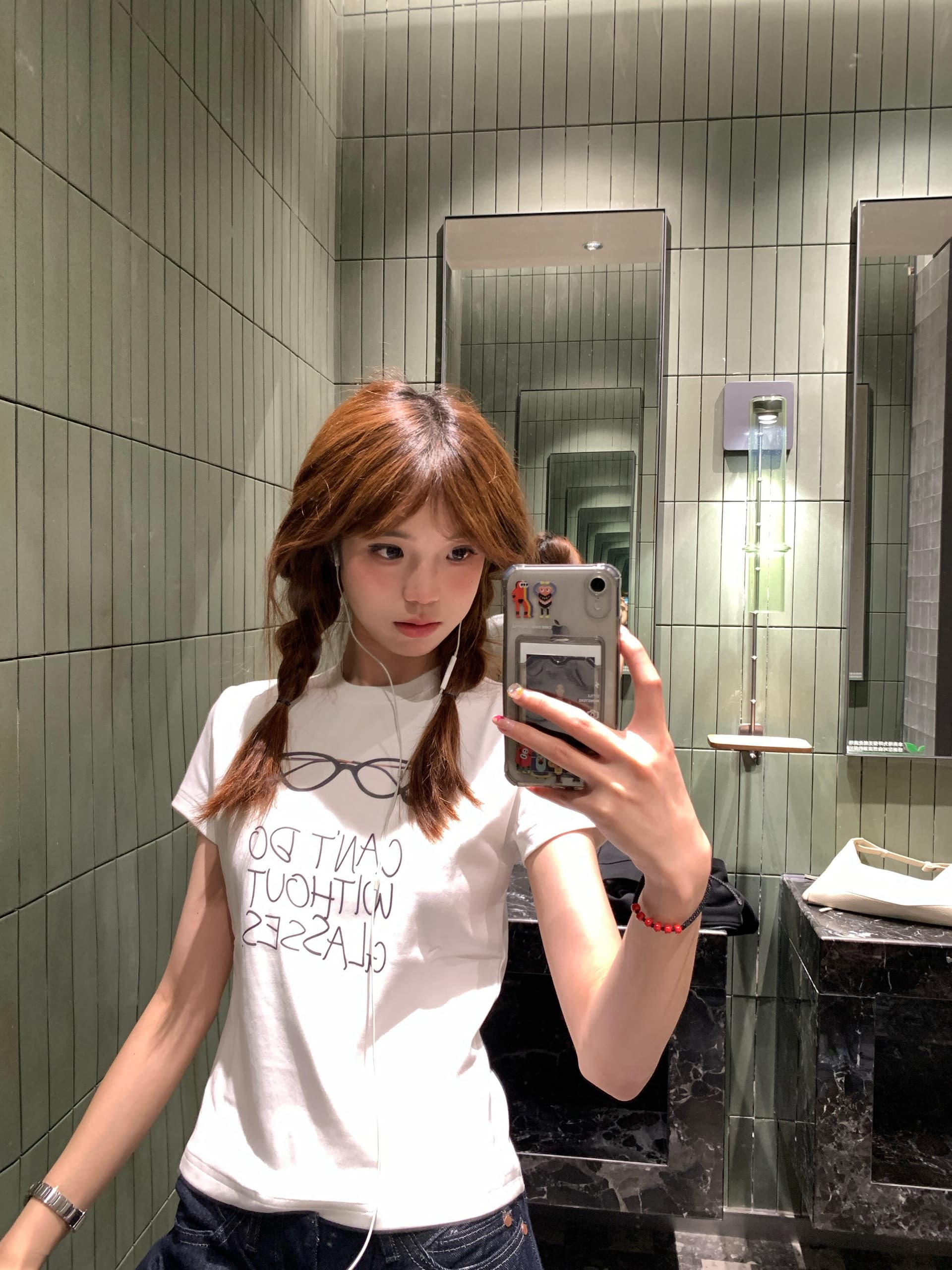 아메리칸 재미있는 안경 알파벳 긍정적 인 어깨 반팔 티셔츠 여성 여름 몸매 가꾸기 라운드 넥 화이트 맨위 이미지 3