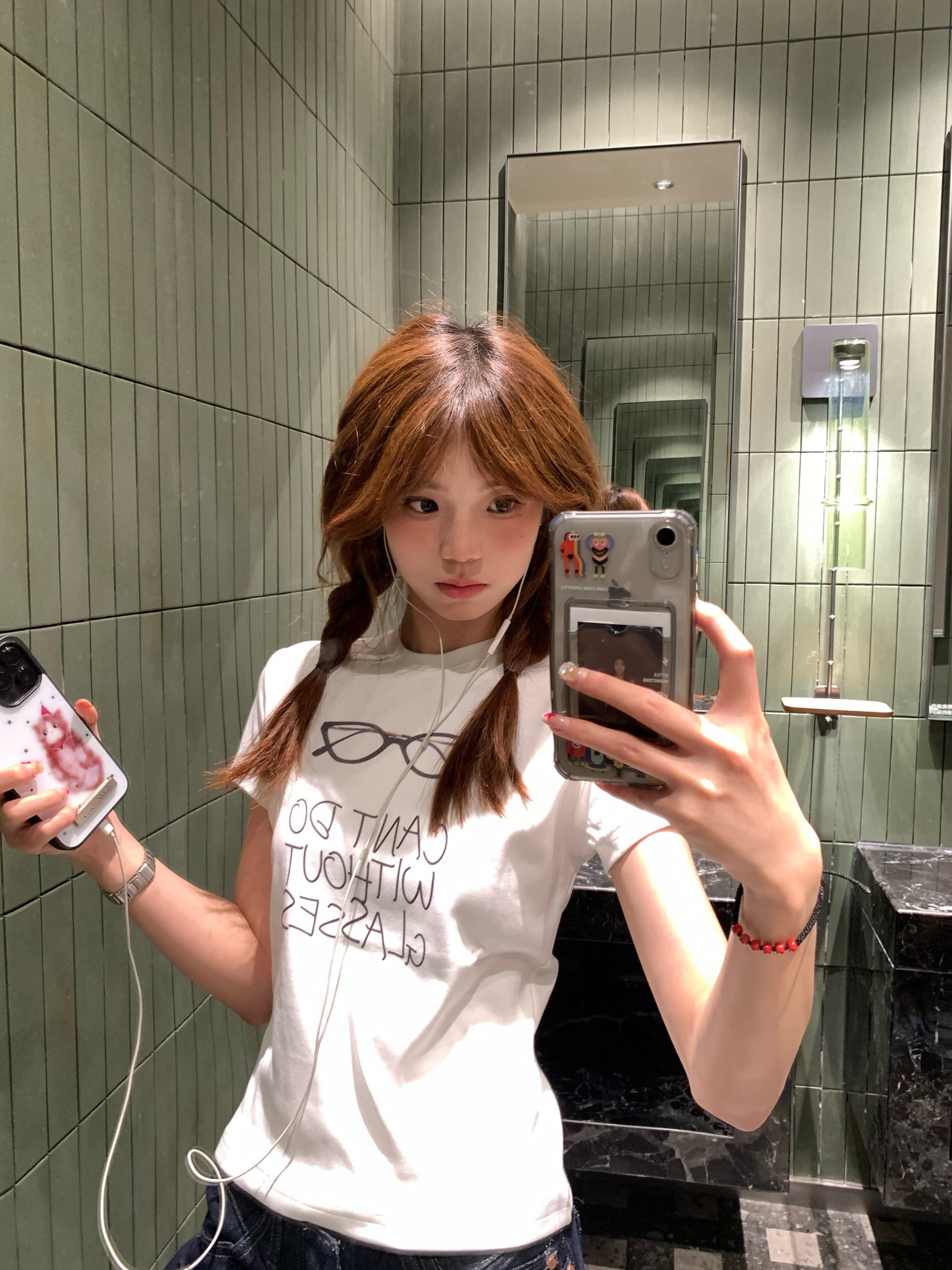 아메리칸 재미있는 안경 알파벳 긍정적 인 어깨 반팔 티셔츠 여성 여름 몸매 가꾸기 라운드 넥 화이트 맨위 상세 이미지 2