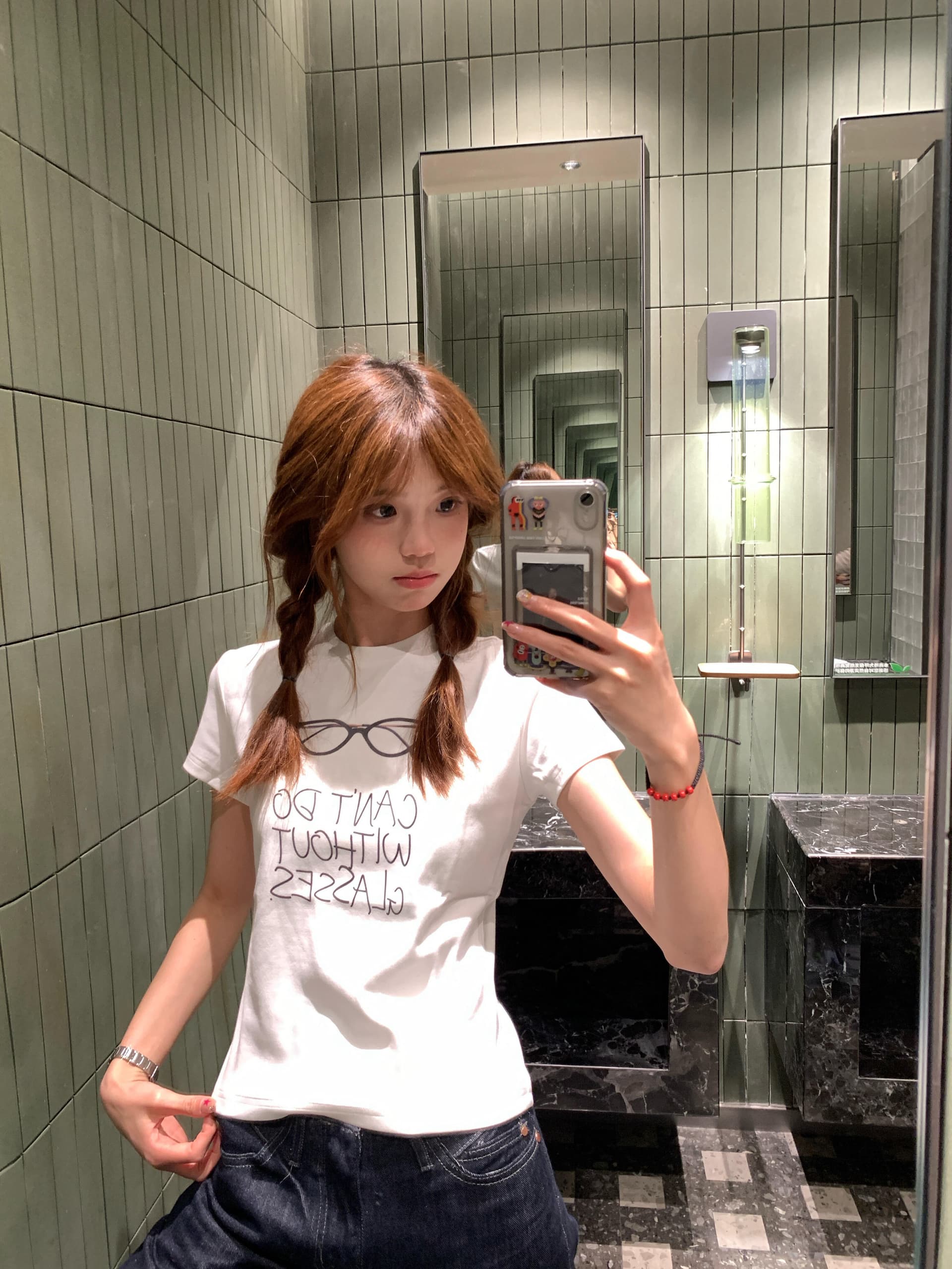 아메리칸 재미있는 안경 알파벳 긍정적 인 어깨 반팔 티셔츠 여성 여름 몸매 가꾸기 라운드 넥 화이트 맨위 상세 이미지 3