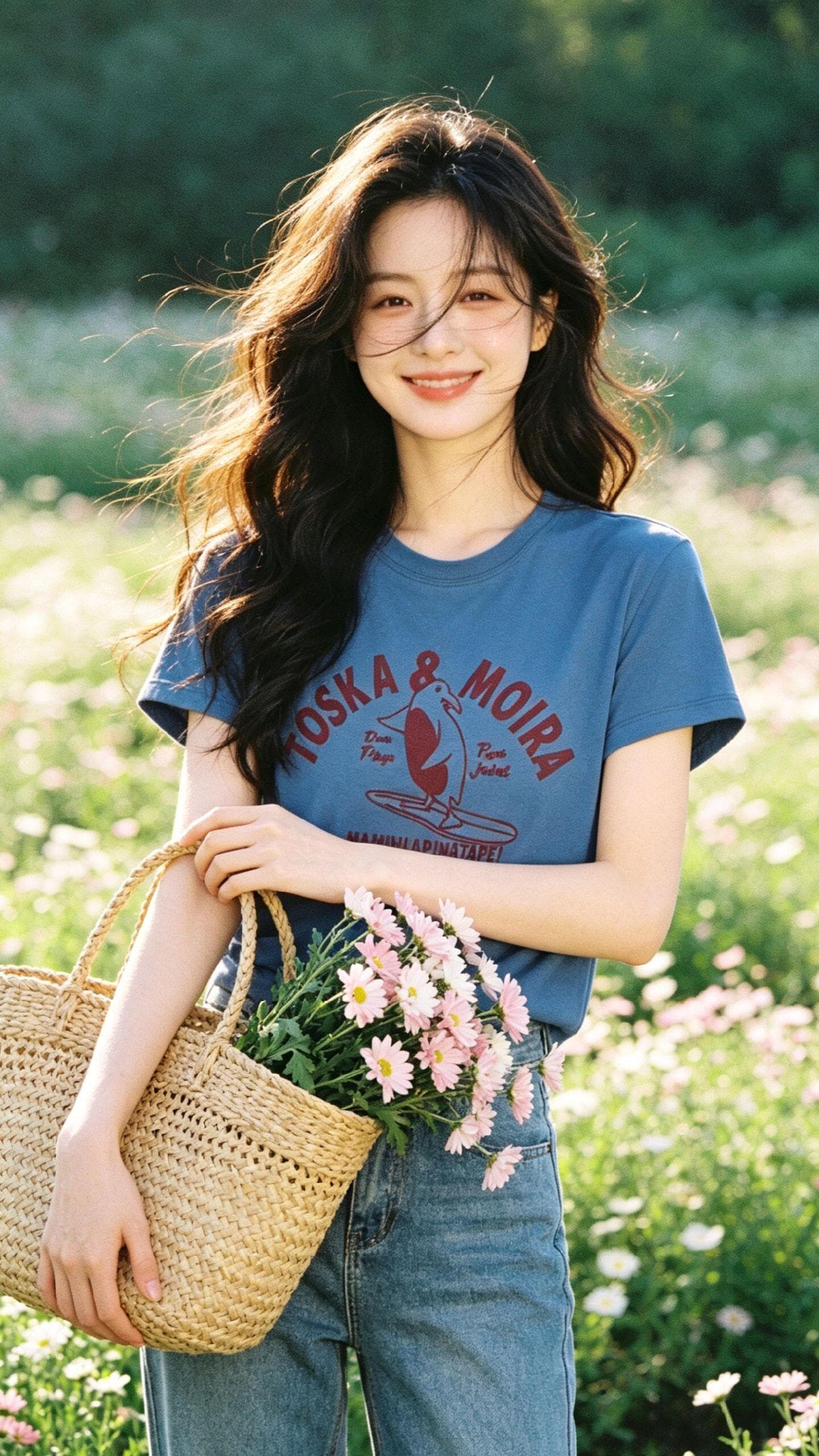 순면 캐주얼 다용도 파란색 프린트 티셔츠 여성 여름 몸매 가꾸기 슬림해 보이는 라운드 넥 긍정적 인 어깨 반팔 맨위 이미지 2