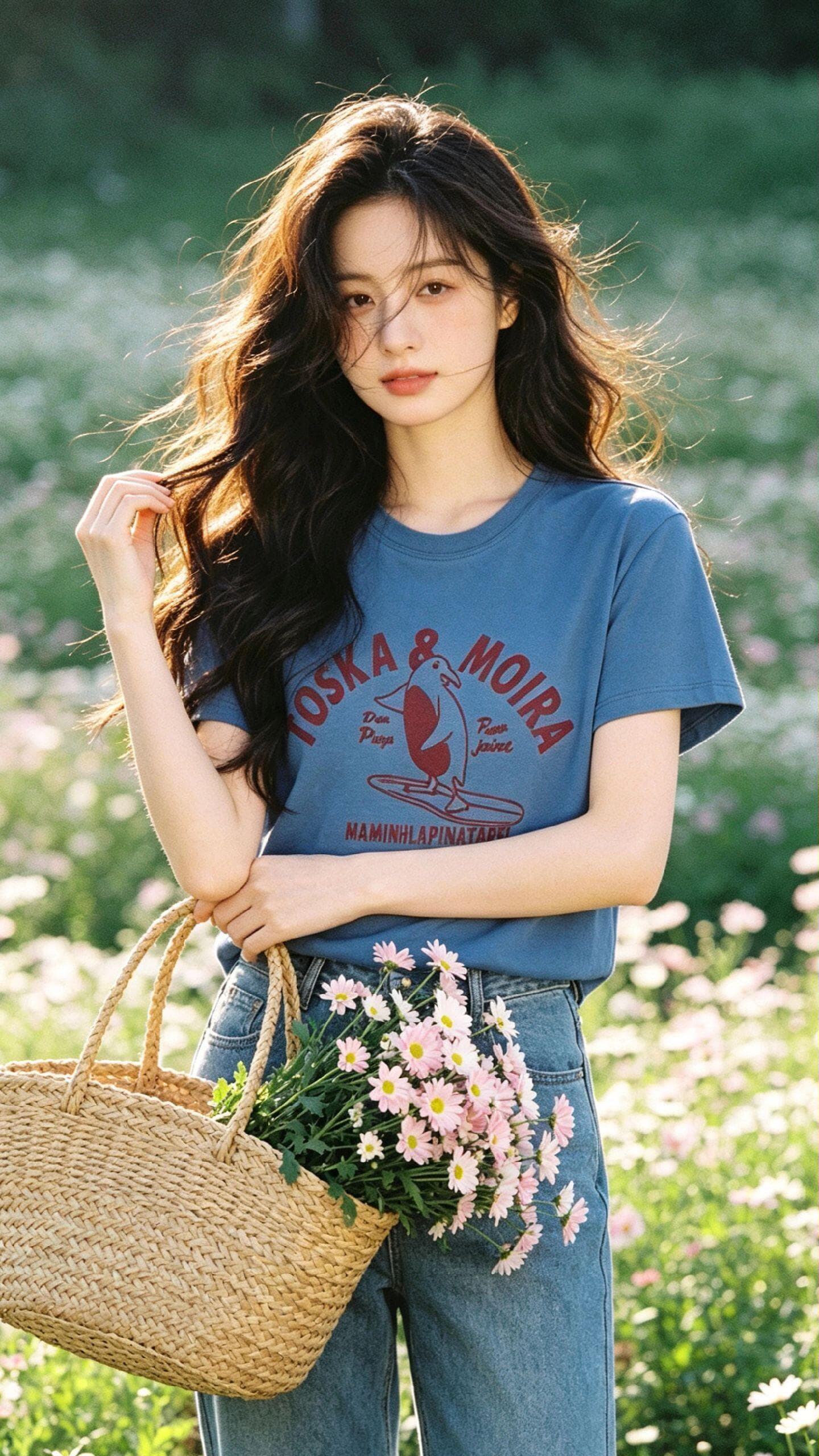 순면 캐주얼 다용도 파란색 프린트 티셔츠 여성 여름 몸매 가꾸기 슬림해 보이는 라운드 넥 긍정적 인 어깨 반팔 맨위 이미지 4