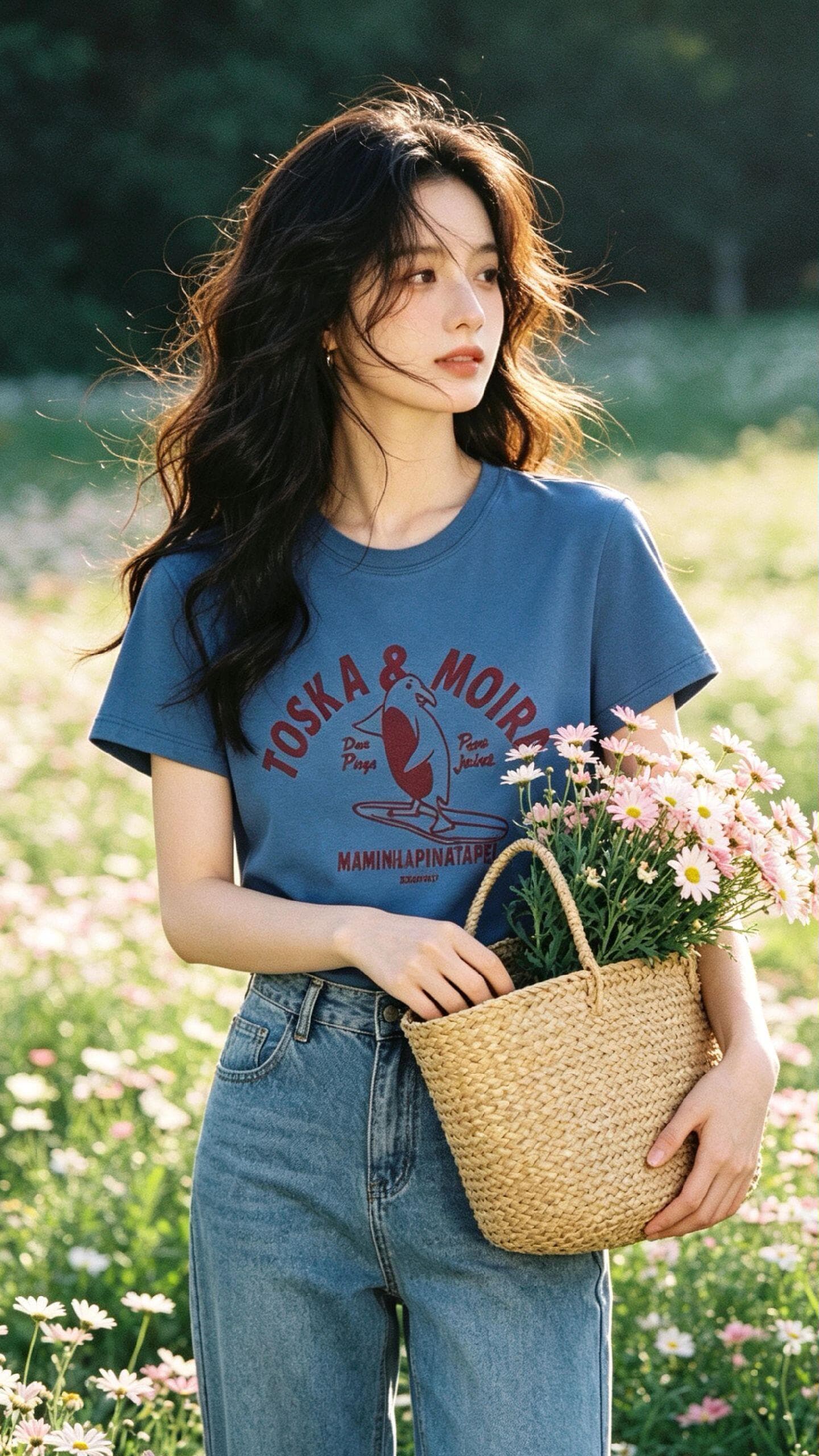 순면 캐주얼 다용도 파란색 프린트 티셔츠 여성 여름 몸매 가꾸기 슬림해 보이는 라운드 넥 긍정적 인 어깨 반팔 맨위 상세 이미지 1