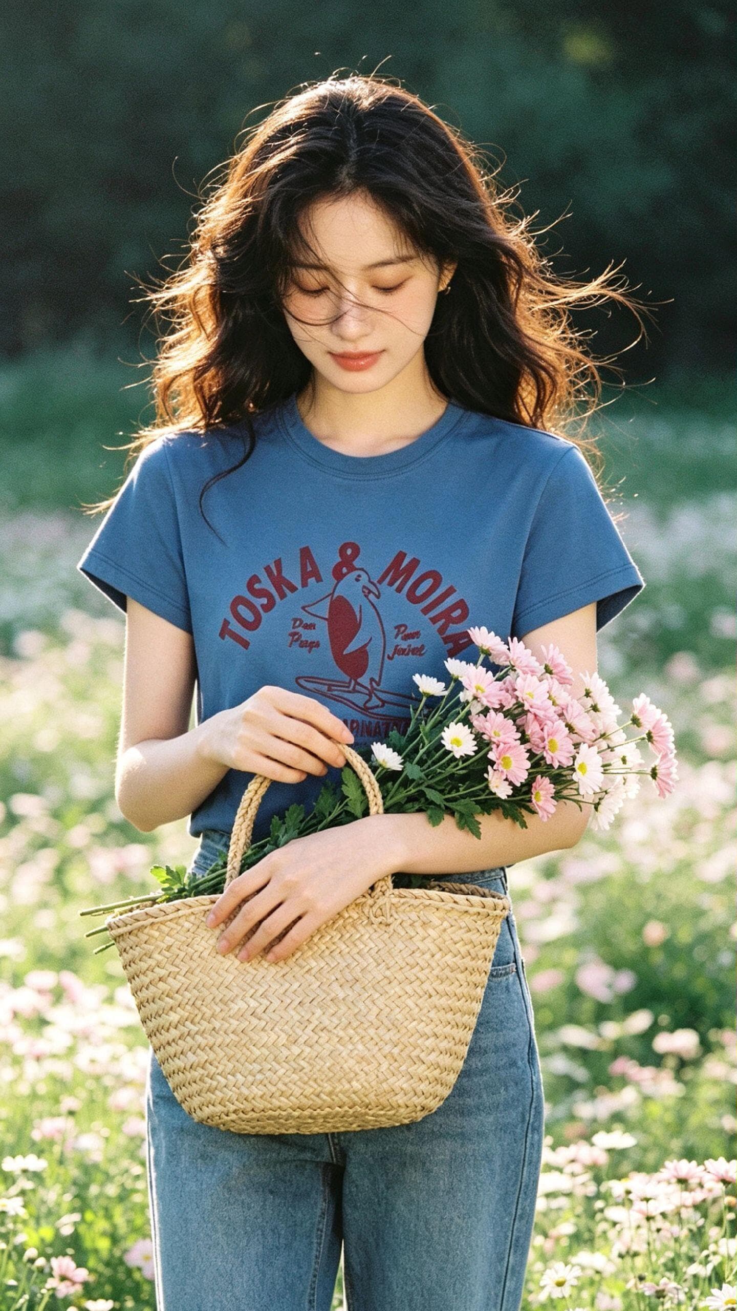 순면 캐주얼 다용도 파란색 프린트 티셔츠 여성 여름 몸매 가꾸기 슬림해 보이는 라운드 넥 긍정적 인 어깨 반팔 맨위 상세 이미지 2