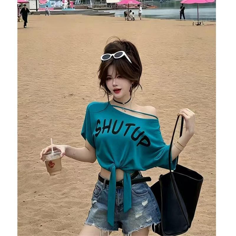 순수한 욕망 핫걸 품격 홀로우 아웃 스트랩 반팔 티셔츠 2026 여름 새로운 캐주얼 다용도 작은 대중 맨위 여성 의류