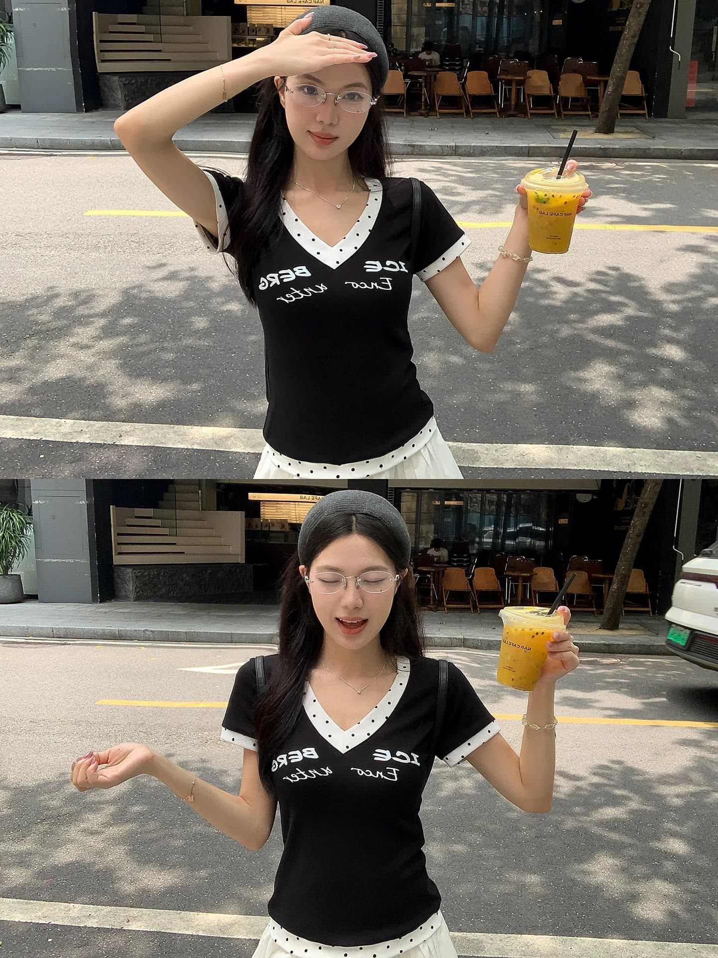 검정색 패치워크 도트 무늬 V넥 반팔 티셔츠 여성 여름 2026 새로운 작은 대중 아니요 명중 섹션 몸매 가꾸기 슬림해 보이는 맨위 상세 이미지 3