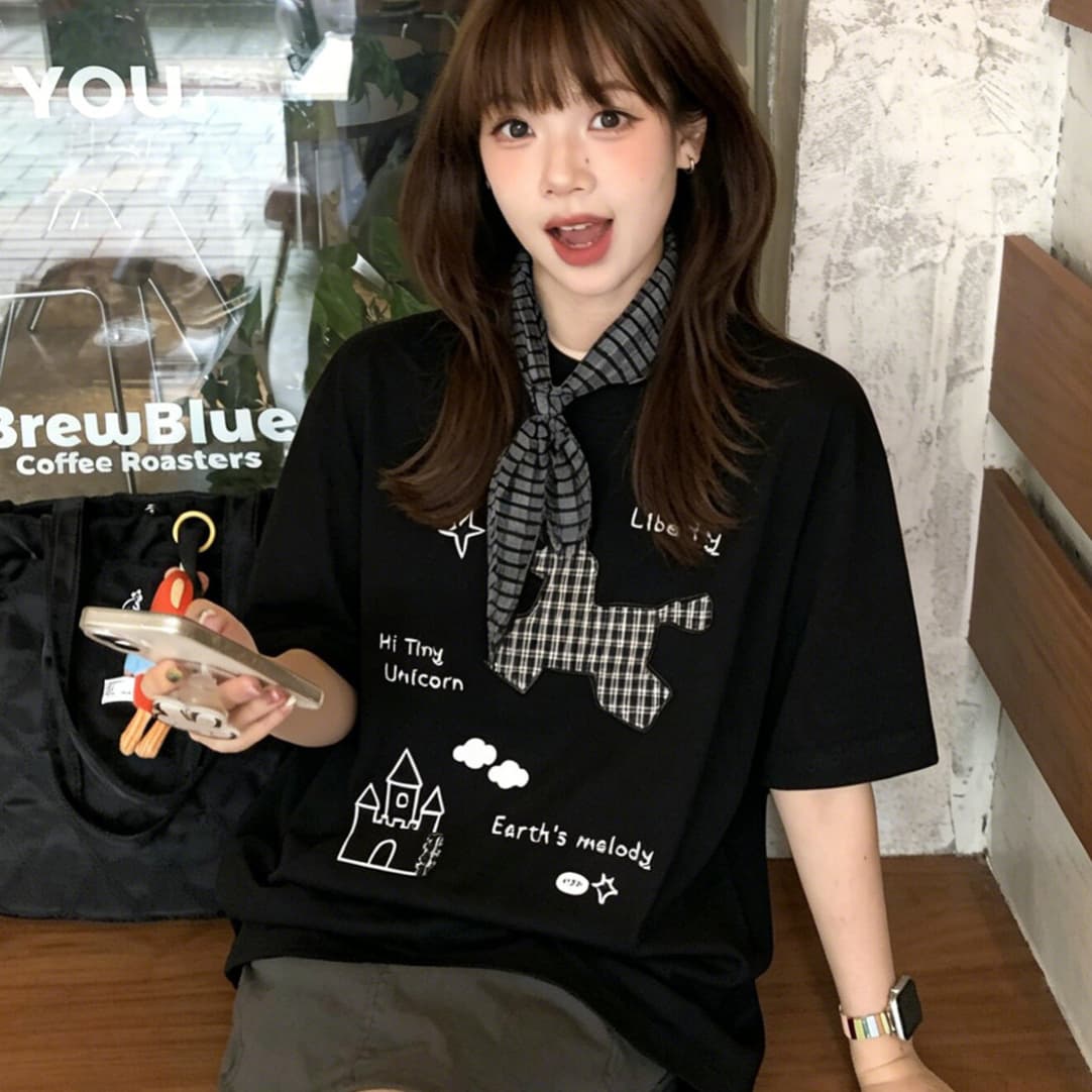 한 부서 체크무늬 동물 알파벳 프린트 반팔 티셔츠 여성 여름 루즈핏 다용도 학생 캐주얼 맨위 상세 이미지 1