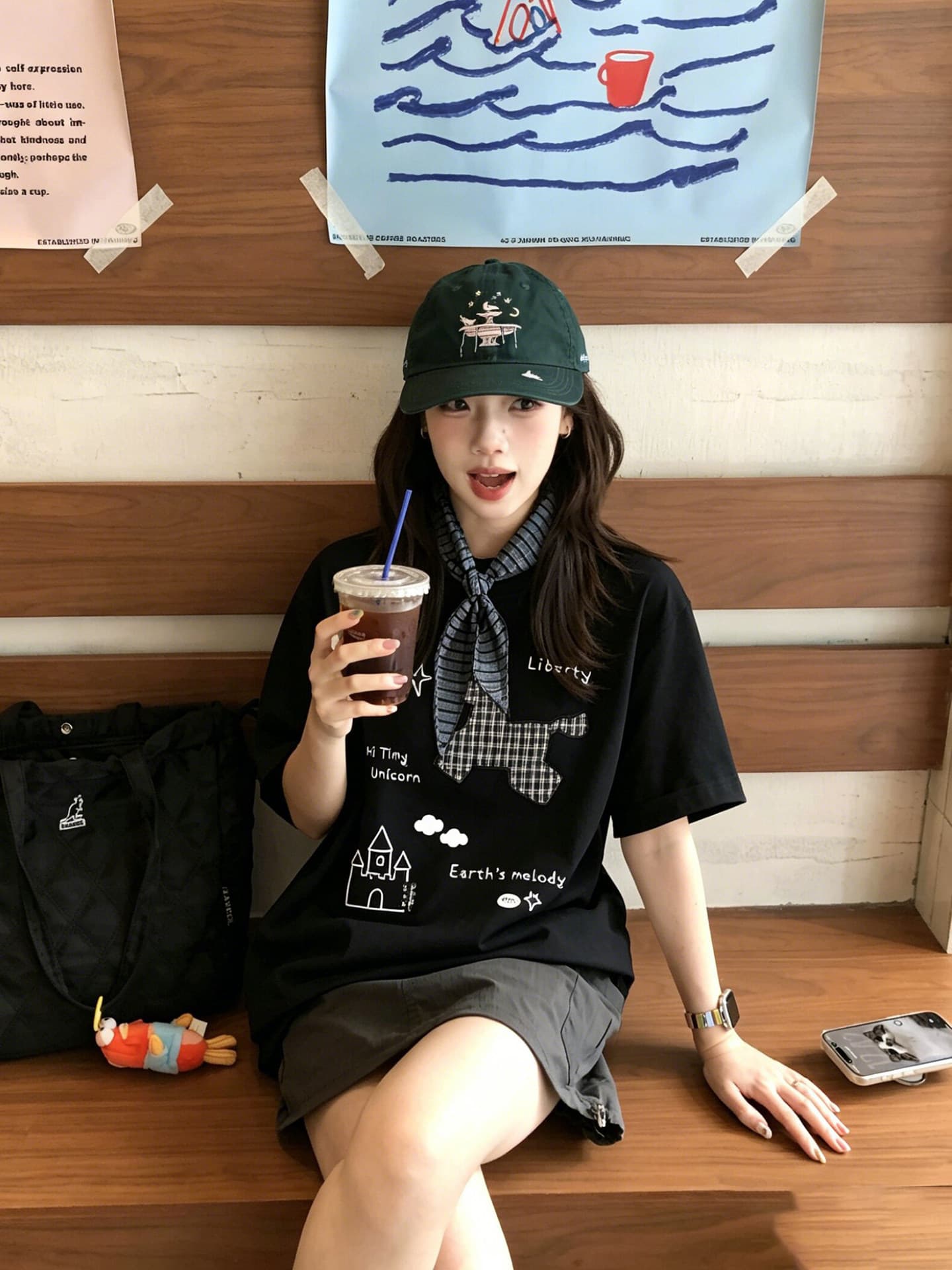 한 부서 체크무늬 동물 알파벳 프린트 반팔 티셔츠 여성 여름 루즈핏 다용도 학생 캐주얼 맨위 상세 이미지 2