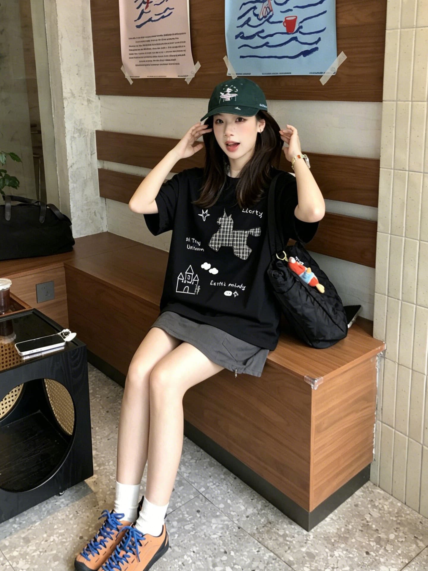 한 부서 체크무늬 동물 알파벳 프린트 반팔 티셔츠 여성 여름 루즈핏 다용도 학생 캐주얼 맨위 상세 이미지 4