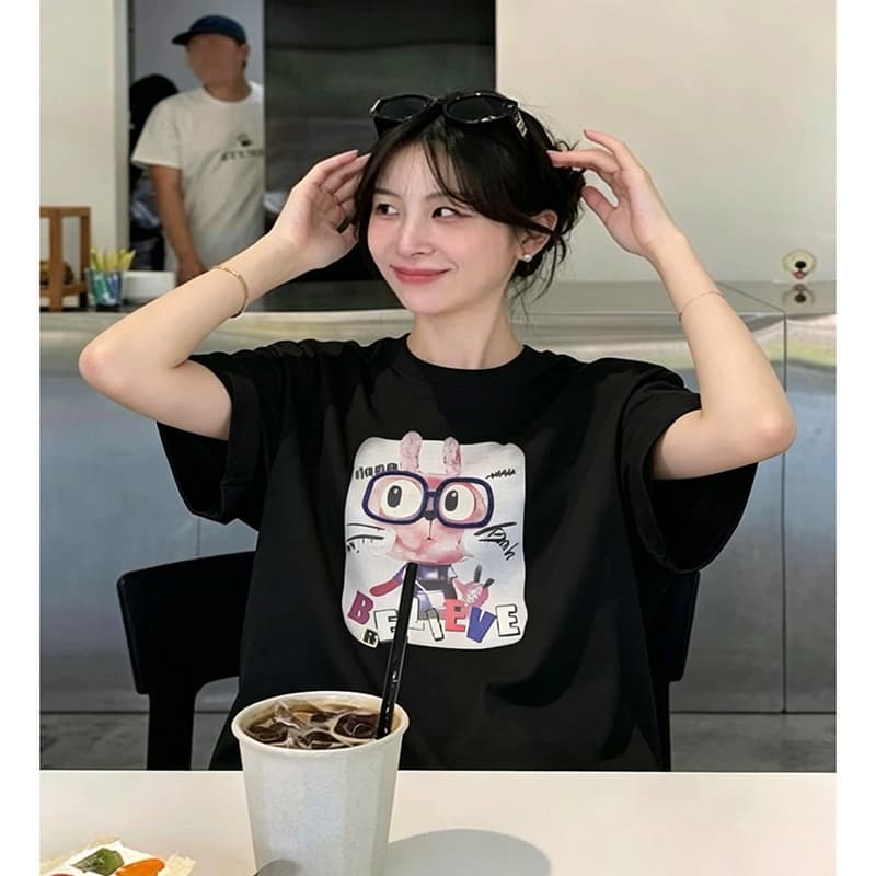 아메리칸 루즈핏 캐주얼 프린트 회색 반팔 티셔츠 여성 여름 맨위
