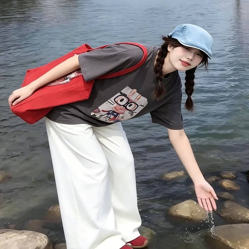 아메리칸 루즈핏 캐주얼 프린트 회색 반팔 티셔츠 여성 여름 맨위 이미지 2