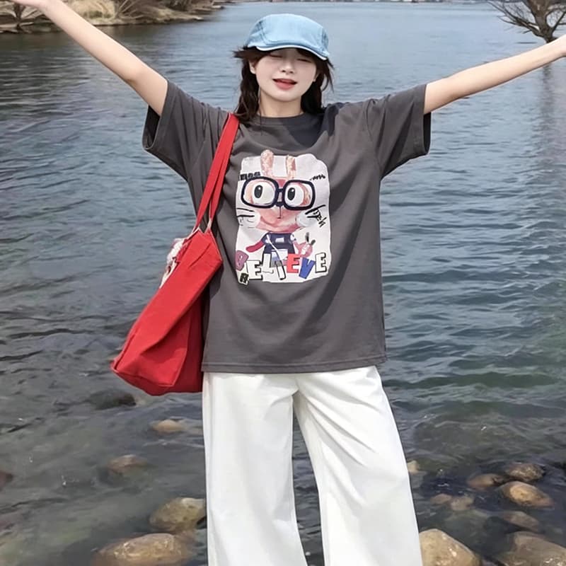 아메리칸 루즈핏 캐주얼 프린트 회색 반팔 티셔츠 여성 여름 맨위 이미지 3