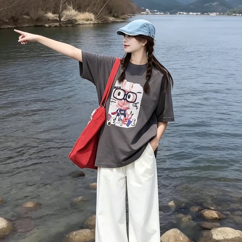 아메리칸 루즈핏 캐주얼 프린트 회색 반팔 티셔츠 여성 여름 맨위 상세 이미지 4