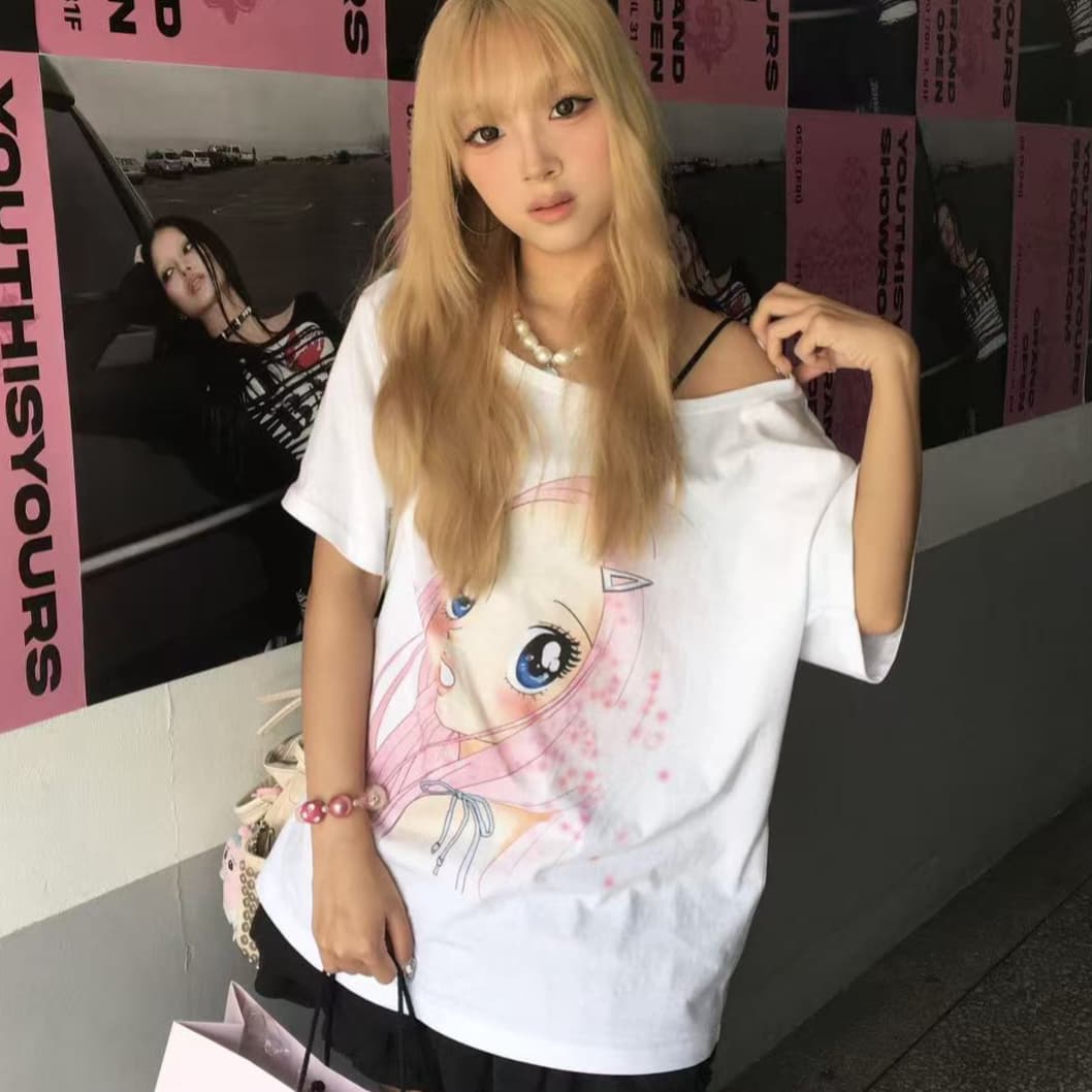 한국 ins 작은 대중 만화 소녀 만화 프린트 미니멀리즘 캐주얼 다용도 루즈핏 순면 반팔 티셔츠 맨위 여성 상세 이미지 1