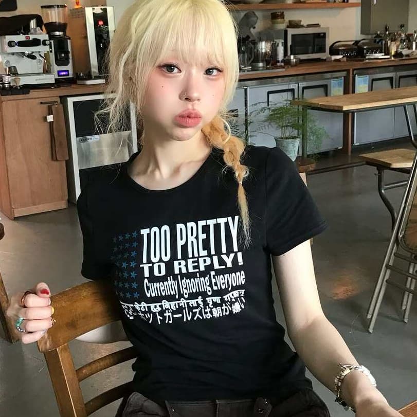 한 부서 ins 별 알파벳 프린트 여름 새로운 학원 스타일 몸매 가꾸기 쇼트 스타일 긍정적 인 어깨 티셔츠 여성 트렌디 상세 이미지 1