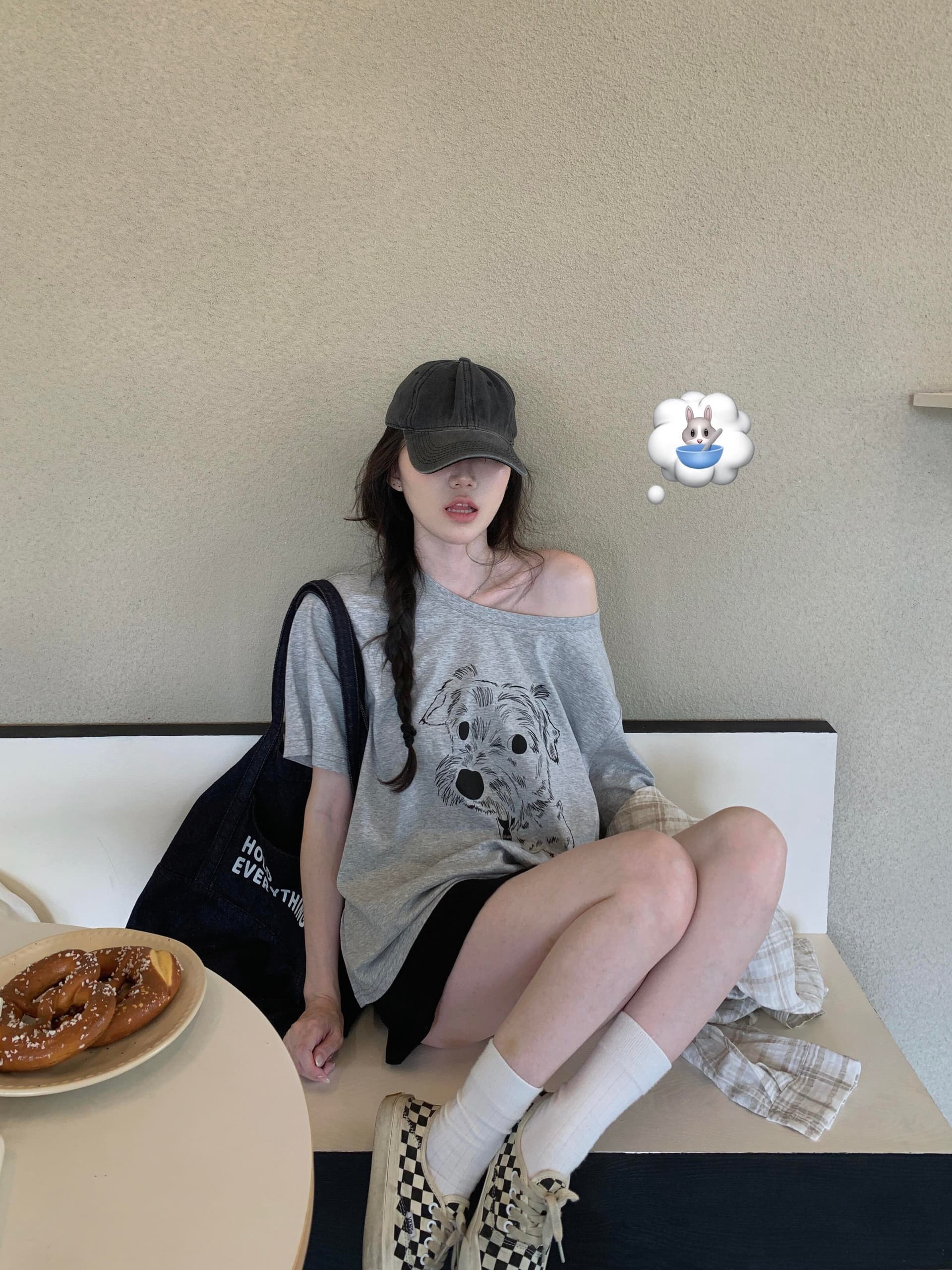 한 부서 귀여운 수채화 플리스 강아지 프린트 비스듬한 어깨 반팔 티셔츠 여성 여름 루즈핏 캐주얼 맨위 상세 이미지 2