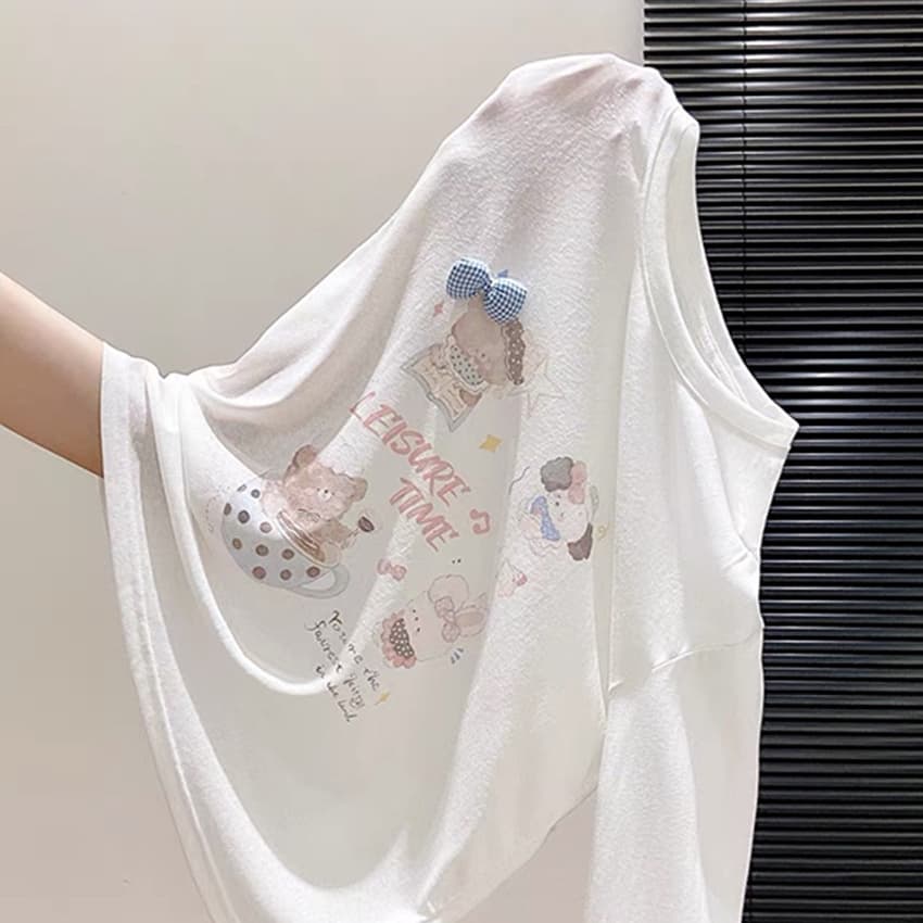 핑크색 만화 프린트 긴팔 티셔츠 여성 여름 얇은 스타일 자외선 차단 달콤한 스타일 루즈핏 통기성 맨위 상세 이미지 4