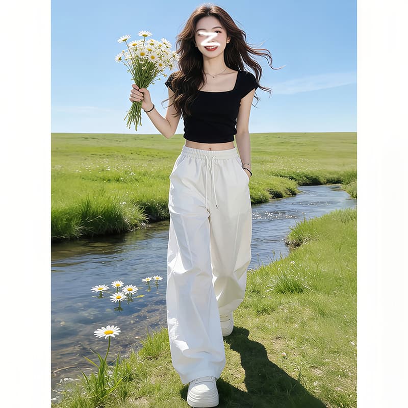 화이트 자외선 차단 속도 건조한 바지 여성 여름 얇고 가벼운 와이드 레그 팬츠 지방 mm 하이웨이스트 주름 운동 워크웨어 팬츠 상세 이미지 3