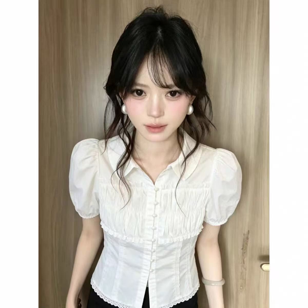 디자인 센스 작은 청신 플리츠 레이스 거품 소매 여성 셔츠 여름 프랑스식 루즈핏 Chic 반팔 셔츠 맨위 상세 이미지 3