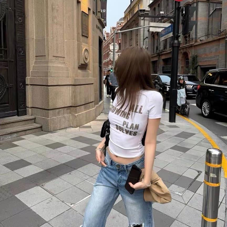 아메리칸 알파벳 프린트 반팔 티셔츠 여성 작은 키 몸매 가꾸기 슬림해 보이는 쇼트 스타일 맨위 이미지 5