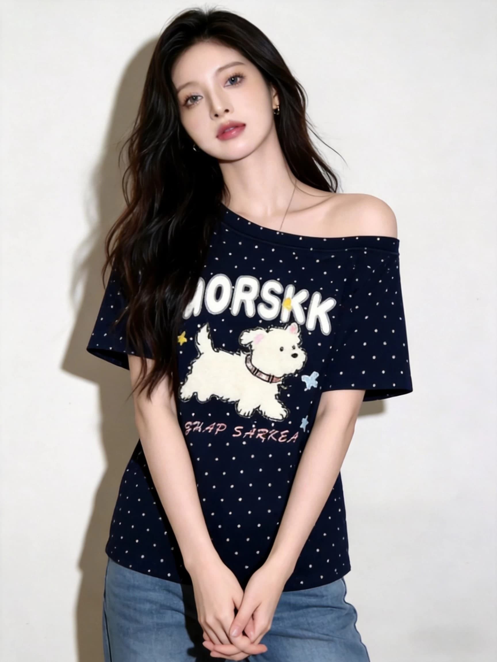 패션 익스트림 제인 바람 도트 무늬 비스듬한 어깨 강아지 프린트 반팔 티셔츠 여성 여름 새로운 세련된 외국 가스 다용도 맨위 이미지 3