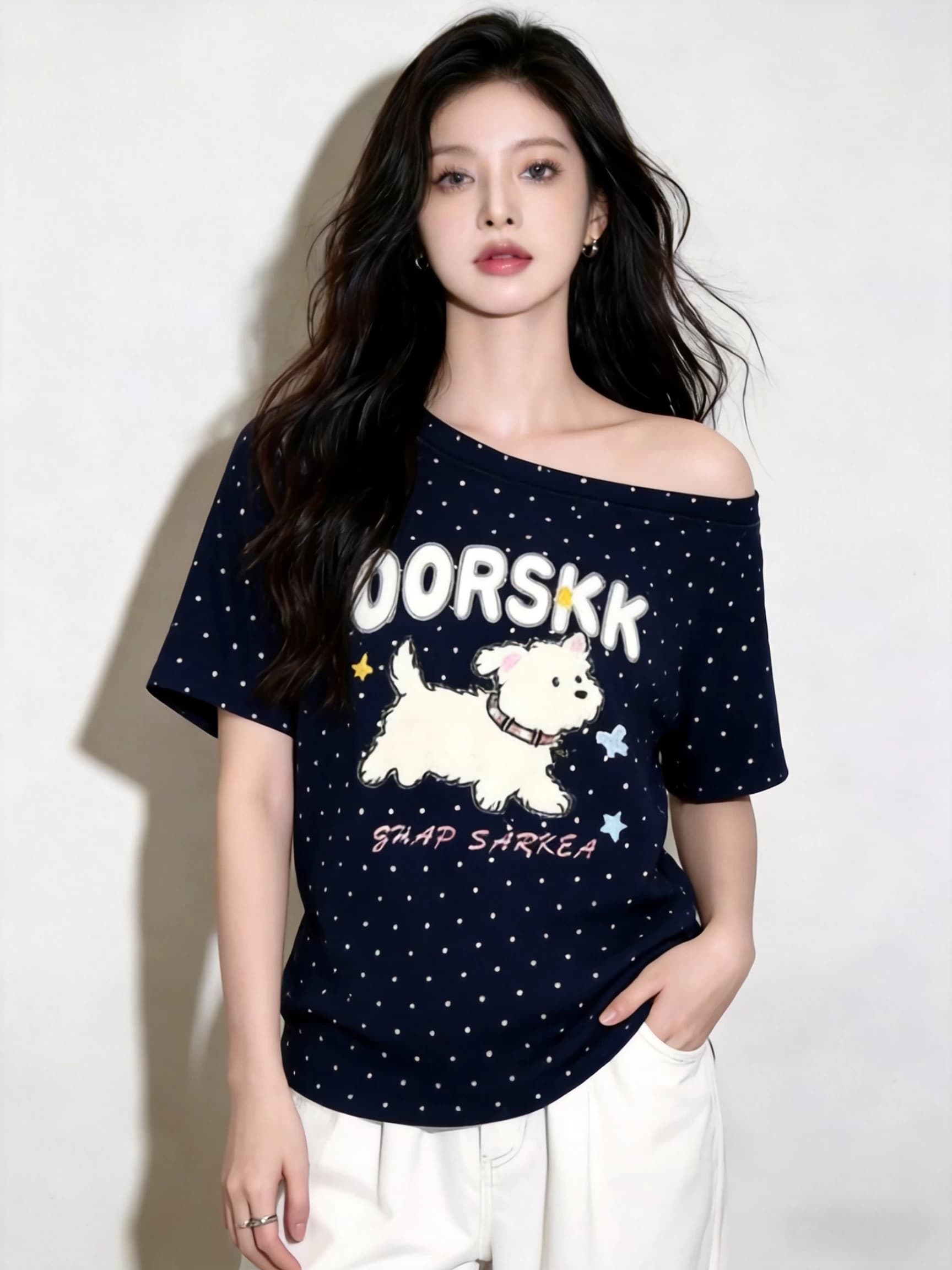 패션 익스트림 제인 바람 도트 무늬 비스듬한 어깨 강아지 프린트 반팔 티셔츠 여성 여름 새로운 세련된 외국 가스 다용도 맨위 상세 이미지 3