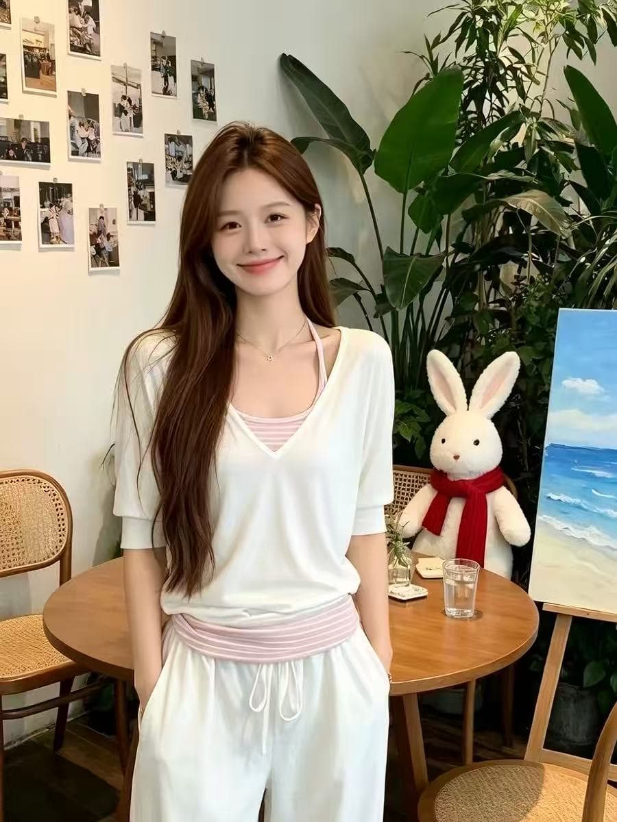 한 부서 반소매 티셔츠 블라우스 스트라이프 캐미솔 세트 여성 여름 투피스 세트 슬림해 보이는 화이트 중간 소매 맨위 상세 이미지 1